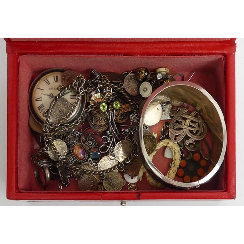 61 - A box of mixed, mostly silver costume jewellery, including an unusual patent bangle.