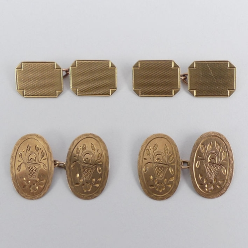 63 - A pair of 9ct gold cufflinks, Birm. 1946 and a pair of 9ct rose gold examples, Birm. 1931, 8.2 grams... 