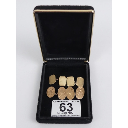 63 - A pair of 9ct gold cufflinks, Birm. 1946 and a pair of 9ct rose gold examples, Birm. 1931, 8.2 grams... 