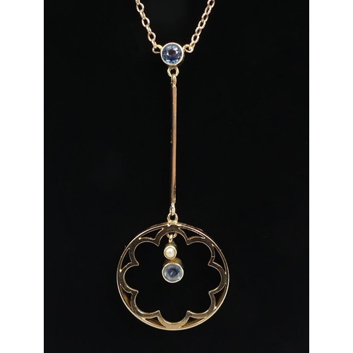 70 - 9ct gold blue topaz and seed pearl necklace, 3.9 grams.