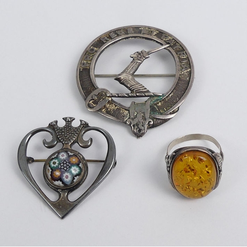 96 - Scottish silver brooch, Glasgow 1951, silver and glass millefiori brooch, Edinburgh 1965 and a silve... 