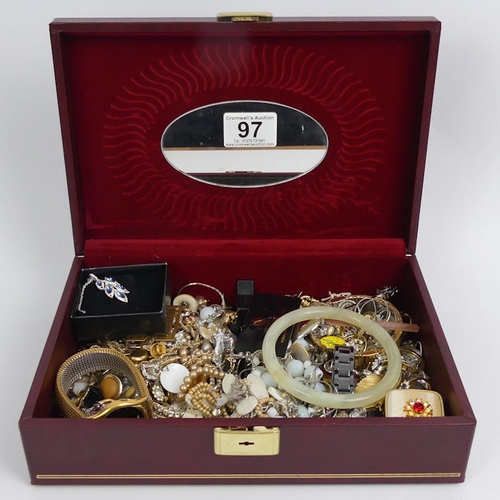 97 - A box of mixed costume jewellery, including a celadon jade bangle.