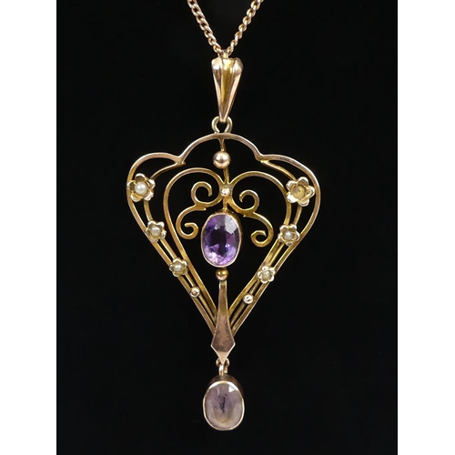 100 - 9ct rose gold amethyst and seed pearl pendant and chain, 5.7 grams, pendant 53mm.