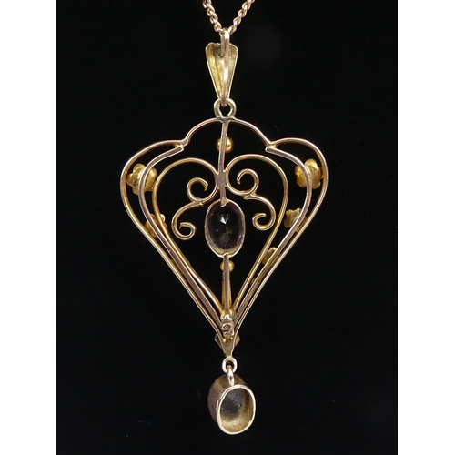 100 - 9ct rose gold amethyst and seed pearl pendant and chain, 5.7 grams, pendant 53mm.