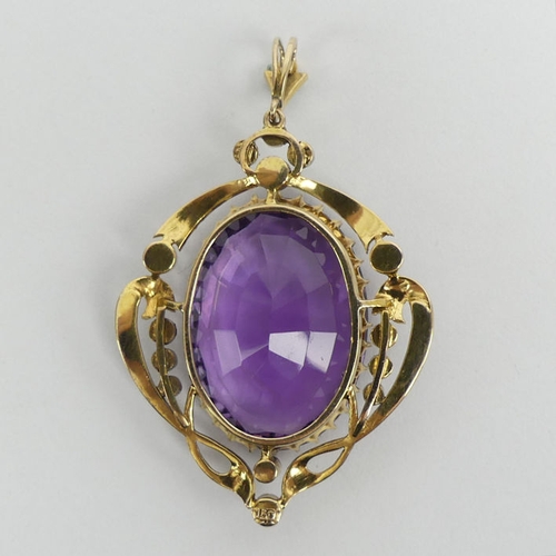 101 - 15ct gold, amethyst, diamond and seed pearl pendant, 13.2 grams, 32mm x 52mm.