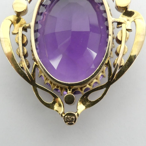 101 - 15ct gold, amethyst, diamond and seed pearl pendant, 13.2 grams, 32mm x 52mm.