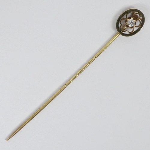 104 - 9ct gold and diamond stick pin, 59mm x 7.8mm.