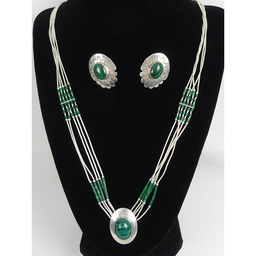 110 - Native American sterling silver and malachite necklace and earrings, 26.2 grams.