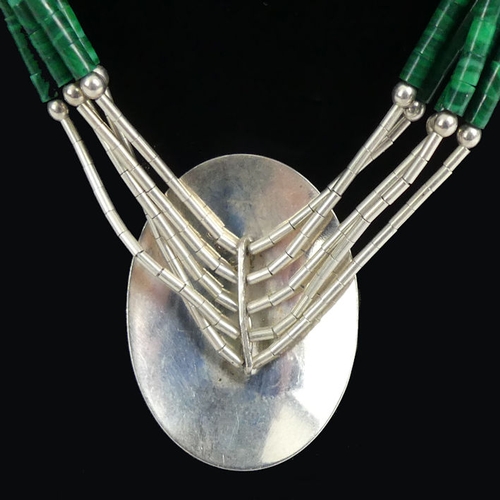 110 - Native American sterling silver and malachite necklace and earrings, 26.2 grams.