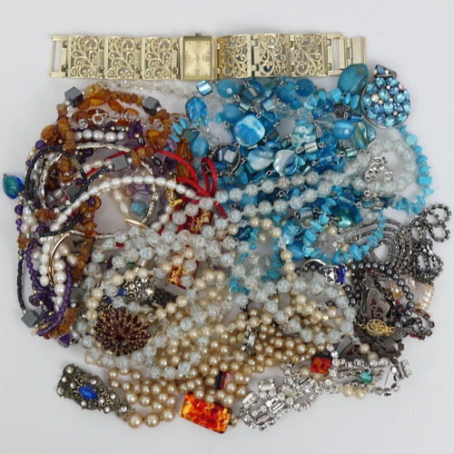 117 - A box of mixed costume jewellery including a silver stone set ring and an amethyst and haematite nec... 