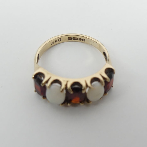 119 - 9ct gold garnet and opal five stone ring, 2.5 grams, 7mm, size L.