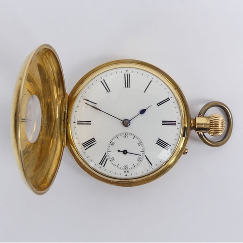 123 - 18ct half Hunter pocket watch, London 1880, 79 grams gross, 44mm x 61mm.
Condition Report: In workin... 