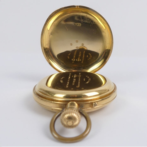 123 - 18ct half Hunter pocket watch, London 1880, 79 grams gross, 44mm x 61mm.
Condition Report: In workin... 