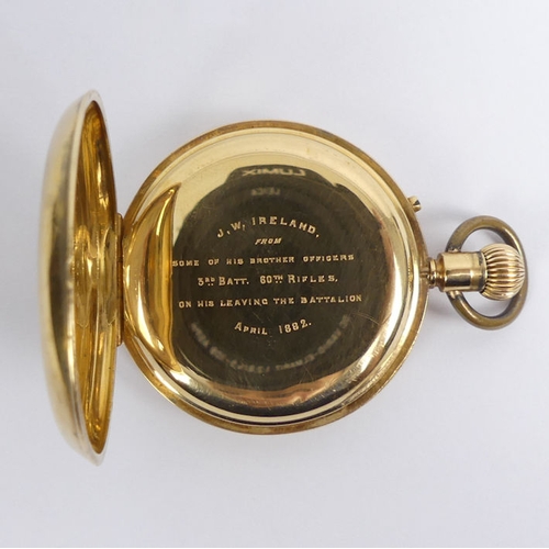 123 - 18ct half Hunter pocket watch, London 1880, 79 grams gross, 44mm x 61mm.
Condition Report: In workin... 