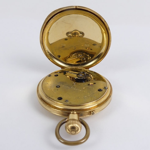 123 - 18ct half Hunter pocket watch, London 1880, 79 grams gross, 44mm x 61mm.
Condition Report: In workin... 