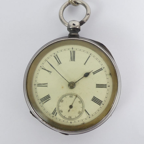 124 - Sterling silver open face pocket watch and plated Albert chain, 70mm x 48mm.
Condition Report: In wo... 