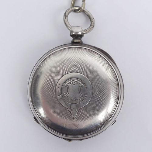 124 - Sterling silver open face pocket watch and plated Albert chain, 70mm x 48mm.
Condition Report: In wo... 