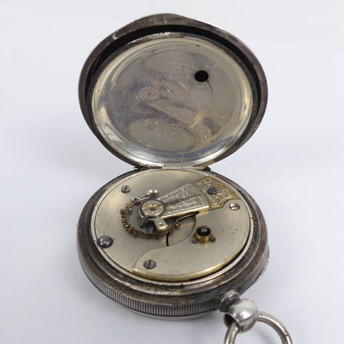 124 - Sterling silver open face pocket watch and plated Albert chain, 70mm x 48mm.
Condition Report: In wo... 