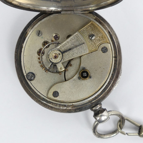 124 - Sterling silver open face pocket watch and plated Albert chain, 70mm x 48mm.
Condition Report: In wo... 