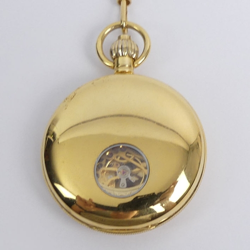 128 - Jean Pierre gold plated, visible movement, full Hunter pocket watch and Albert chain, 49mm x 67mm.
C... 