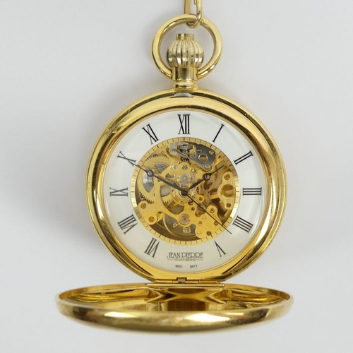 128 - Jean Pierre gold plated, visible movement, full Hunter pocket watch and Albert chain, 49mm x 67mm.
C... 