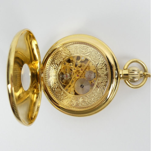 128 - Jean Pierre gold plated, visible movement, full Hunter pocket watch and Albert chain, 49mm x 67mm.
C... 