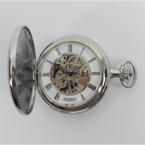 131 - Jean Pierre full Hunter visible movement pocket watch and Albert chain. 50mm x 66mm.