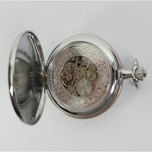 131 - Jean Pierre full Hunter visible movement pocket watch and Albert chain. 50mm x 66mm.