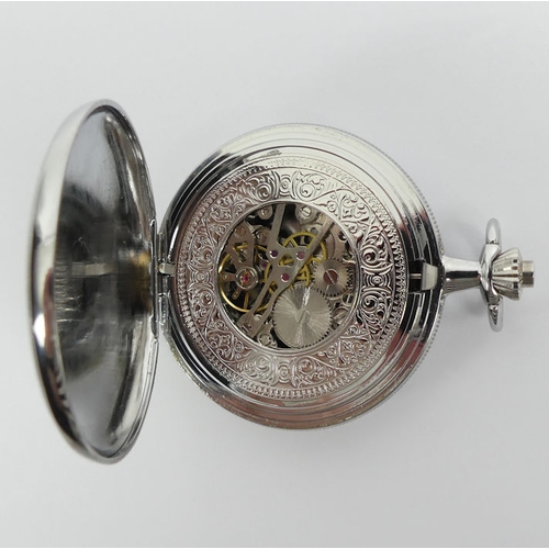 131 - Jean Pierre full Hunter visible movement pocket watch and Albert chain. 50mm x 66mm.