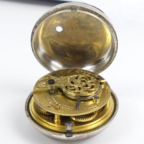 134 - Victorian silver pair case pocket watch, London 1877, 55mm x 74mm.