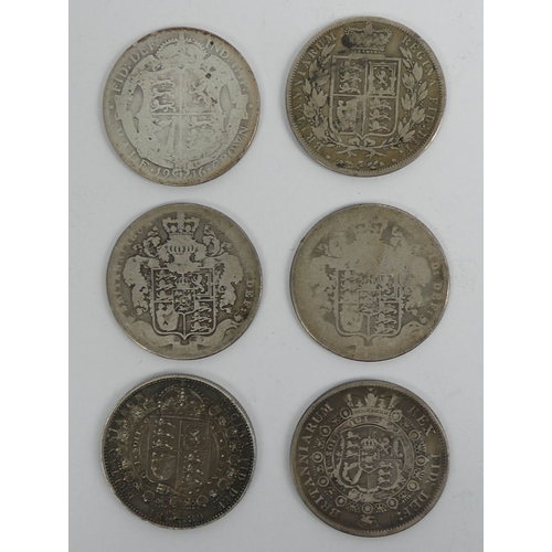 154 - George III silver half crowns along with Victorian and George V examples.