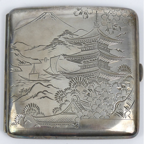 174 - Japanese .950 silver cigarette case decorated with a pagoda with Mount Fuji in the background, in th... 