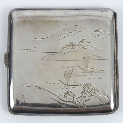 174 - Japanese .950 silver cigarette case decorated with a pagoda with Mount Fuji in the background, in th... 