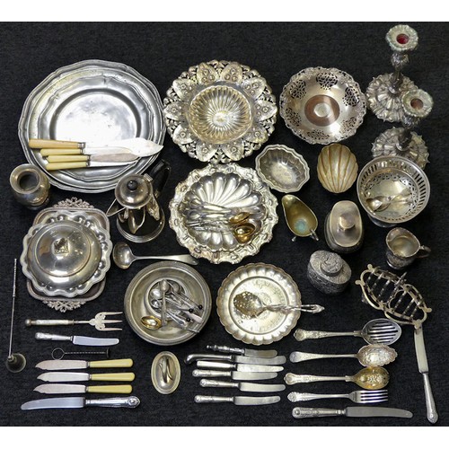 186 - A good selection of silver plated items and pewter plates along with an oriental tea caddy.