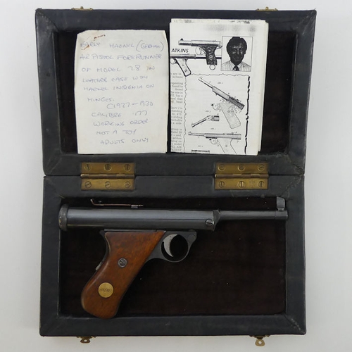 209 - Haenel (German) air pistol C.1930, .177 cal in leather case with Haenel insignia to hinges, 27cm.  P... 