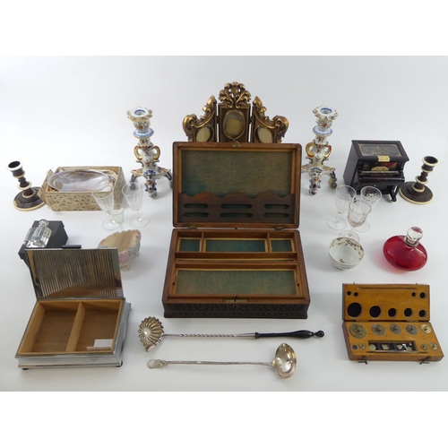 260 - A collection of items, including a toddy bottle, candlesticks, Indian box, glassware and a gilt phot... 