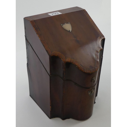 299 - A Georgian mahogany inlaid serpentine fronted knife box, 30cm x 20cm.