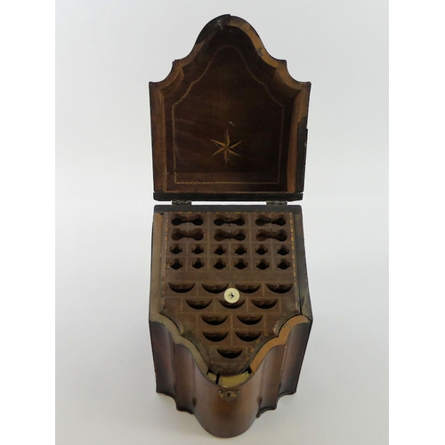 299 - A Georgian mahogany inlaid serpentine fronted knife box, 30cm x 20cm.