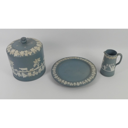 340 - Victorian blue and white Jasperware cheese dome and matching jug, 31cm.