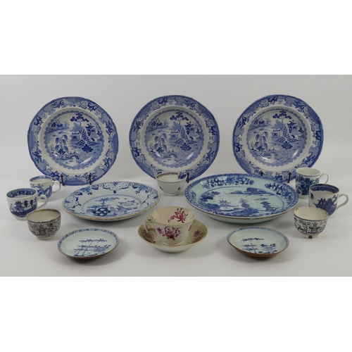 344 - Various English and Oriental tea and dinner ware, including a Caughley cabinet cup and a Delft blue ... 