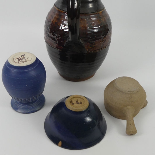 353 - Studio pottery water jug, a bowl, vase and Leach pottery pouring vessel, 32cm.