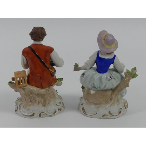 358 - A pair of Sitzendorf porcelain figurines depicting a courting couple, 13cm.