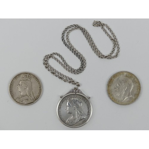 150A - Victoria 1892 silver crown, a 1935 'Rocking Horse' example and a 1900 silver crown loose mount penda... 