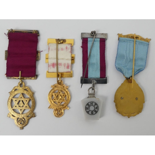 236 - Four masonic jewels, including silver gilt Lodge of Perfect Harmony jewel.