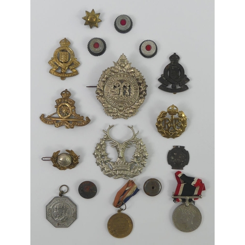 244 - A quantity of cap badges and medals, including Royal Artillery, RAF badge, Royal Marines collar badg... 