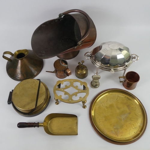 296 - Metalware, including copper  coal skuttle, silver plated revolving tureen and ale jug. Collection/ow... 