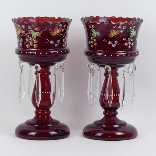 362 - A pair of Victorian ruby glass and enamel lustres, 27.5cm x 14.5cm.