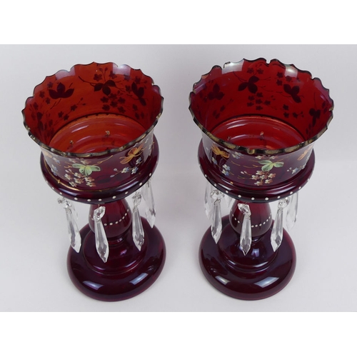 362 - A pair of Victorian ruby glass and enamel lustres, 27.5cm x 14.5cm.