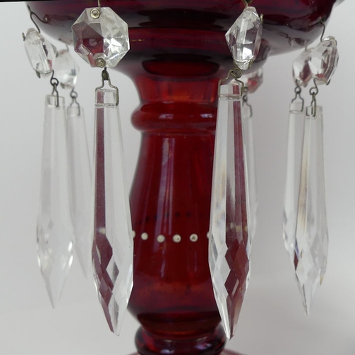 362 - A pair of Victorian ruby glass and enamel lustres, 27.5cm x 14.5cm.