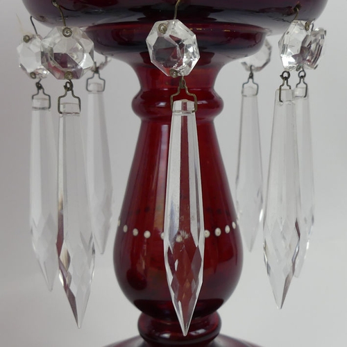 362 - A pair of Victorian ruby glass and enamel lustres, 27.5cm x 14.5cm.